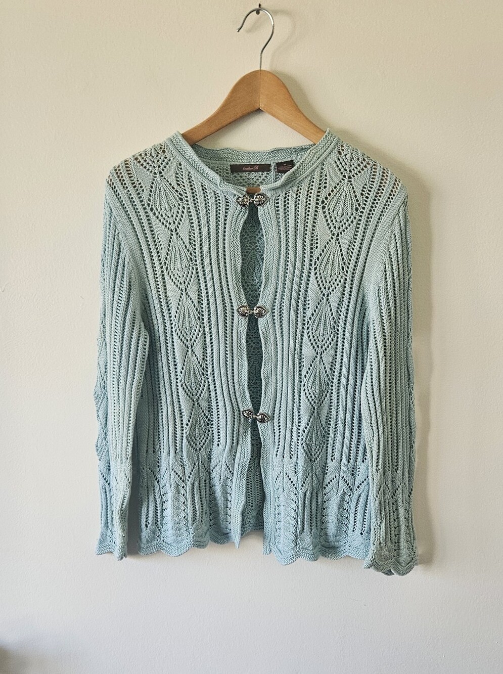 Heather B Light Blue Cotto Openwork Knit Cardigan Sweater with Decorative Clasps